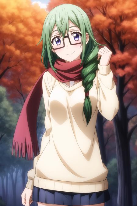 1girl, indigo eyes, smile, solo, green hair, single braid, glasses, looking at viewer, red scarf, ribbed sweater, scarf, skirt, smile, sweater, fall autumn background, meiko_otsuka, <lora:add_detail:0.7>