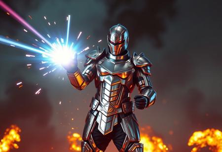 A chrome and silver energy beam hitting an supervillain in an armored suit , the armoured suit is exploding