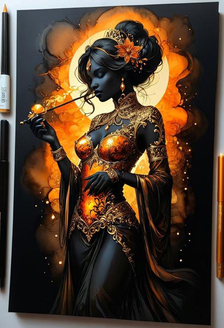 Silhouette Art, breathtaking ( absurdres divine aesthetic  FaeTastic extravaganza alcohol ink sketch). amazing, fine, detailed, masterpiece, lovely, charming, awe-inspiring, radiant, magnificent. (all dark hues and fine vibrant orange glowing smoldering accent and shiny gold color scheme:1.02). glossy.
<lora:InkArtXL_1.2:0.4> <lora:FaeTastic:0.35> . award-winning, professional, highly detailed . extremely high-resolution details, photographic, realism pushed to extreme, fine texture, incredibly lifelike, high contrast, well defined .