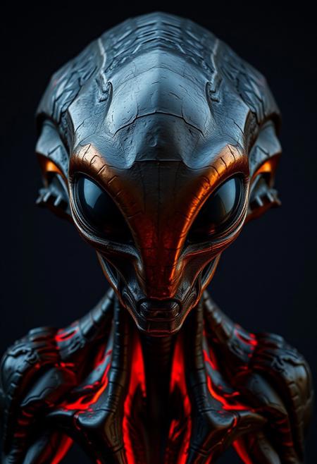 alien, in the style of textured photography, dark gray and bronze, online sculpture, naoto hattori, jeremy lipking, dark sky-blue and orange, intense close-ups
