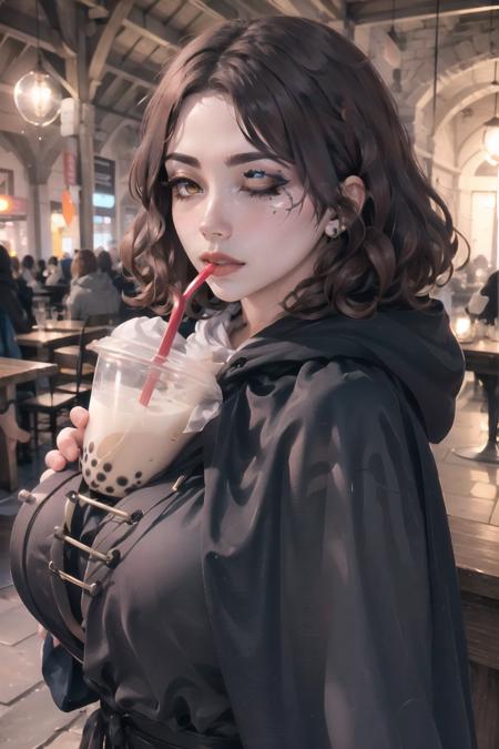 Highly detailed, High Quality, Masterpiece, beautiful, 1girl, solo, Melina, <lora:Melina:0.8>, cloak, hooded cloak, boobatea, with a cup of bubble tea on her boobs, lips on the straw, drinking through the straw, <lora:Pos_BoobaTea:0.8>