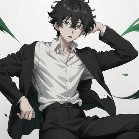 Oreki Green eyes white shirt messy black hair  black jacket black pants