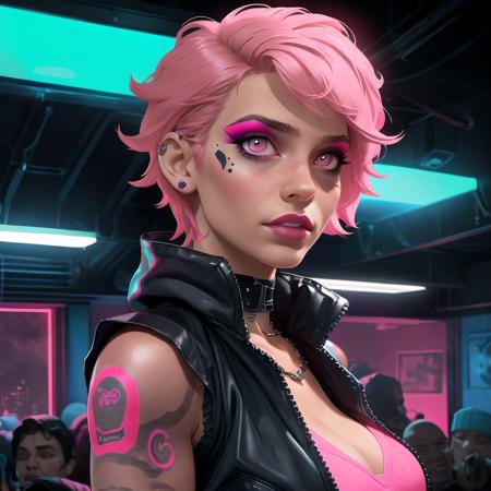 close-up, night club, underground club, neon lights, a punk female, makeup, short pink hair, tattoo, techwear outfit, crowd, industrial, masterpiece, muchRealisticV0_4