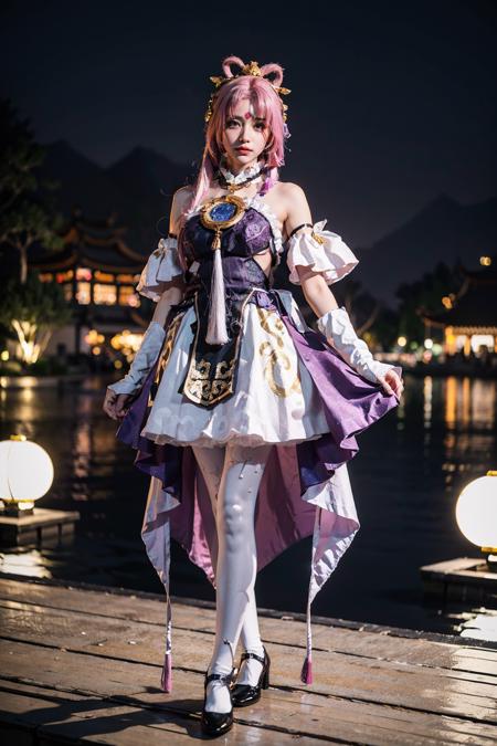 best quality, masterpiece, realistic, photorealistic, 1girl, solo, full body, looking at viewer,  fuxuan cosplay costume, cosplay, hair ornament, forehead mark, pantyhose, footwear, arms at side, (night:1.2), detailed background, chinese garden, <lora:fuxuan_cosplay_costume_v1:0.65>