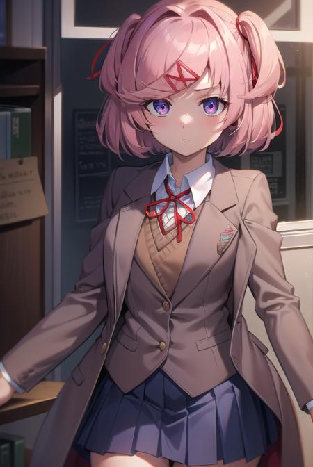 ddlcnatsuki, <lora:ddlcnatsukitest:1>,
ddlcnatsuki, fang, hair ornament, pink hair, (purple eyes:1.1), short hair, short sidetail, swept bangs, x hair ornament, (flat chest:1.2),
BREAK blazer, blue skirt, brown jacket, collared shirt, jacket, long sleeves, miniskirt, neck ribbon, pleated skirt, red ribbon, ribbon, school uniform, shirt, skirt, swept bangs, vest, white shirt, wing collar, x hair ornament,
BREAK looking at viewer,
BREAK indoors, classroom,
BREAK <lora:GoodHands-vanilla:1>, (masterpiece:1.2), best quality, high resolution, unity 8k wallpaper, (illustration:0.8), (beautiful detailed eyes:1.6), extremely detailed face, perfect lighting, extremely detailed CG, (perfect hands, perfect anatomy),