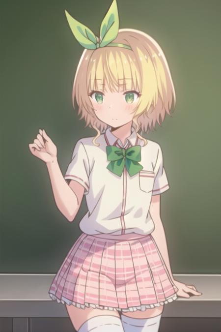 masterpiece, best quality, 1girl, solo, koga yuika, blonde hair, short hair, green eyes, green bowtie, green hair ribbon, white thighhighs, short school uniform, pink skirt, plaid skirt, pleated skirt, zettai ryouiki, <lora:koga yuika-000014:0.8>