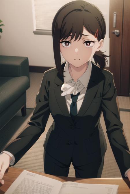 kobenihigashiyama, <lora:kobeni higashiyama s1-lora-nochekaiser:1>,
kobeni higashiyama, black hair, hair ornament, hairclip, mole, mole under eye, ponytail, short hair, (brown eyes:1.5),
BREAK black necktie, black pants, business suit, formal, long sleeves, necktie, pants, suit, 
BREAK indoors, office,
BREAK looking at viewer,
BREAK <lyco:GoodHands-beta2:1>, (masterpiece:1.2), best quality, high resolution, unity 8k wallpaper, (illustration:0.8), (beautiful detailed eyes:1.6), extremely detailed face, perfect lighting, extremely detailed CG, (perfect hands, perfect anatomy),