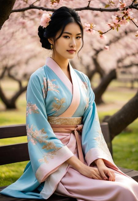 score_9, score_8_up, score_7_up, Photo of a woman, standing sex, suspended congress, tattoo, young, tanned complexion, Asian, jet-black hair, silky and flowing to her waist with slight natural waves, deep brown almond-shaped eyes framed by long lashes, serene expression with a soft and knowing smile, seated pose on a traditional wooden bench with a straight yet relaxed posture, wearing a meticulously crafted hanbok in pastel pink and sky blue, the skirt flowing around her in gentle folds, the jacket adorned with delicate floral embroidery in gold and silver thread, a silk ribbon tied neatly at the chest.
The background features a lush garden bathed in the warm glow of late afternoon light, cherry blossom trees in full bloom stretching their branches above her, pink petals drifting lazily through the air and gathering in scattered piles on the mossy ground.