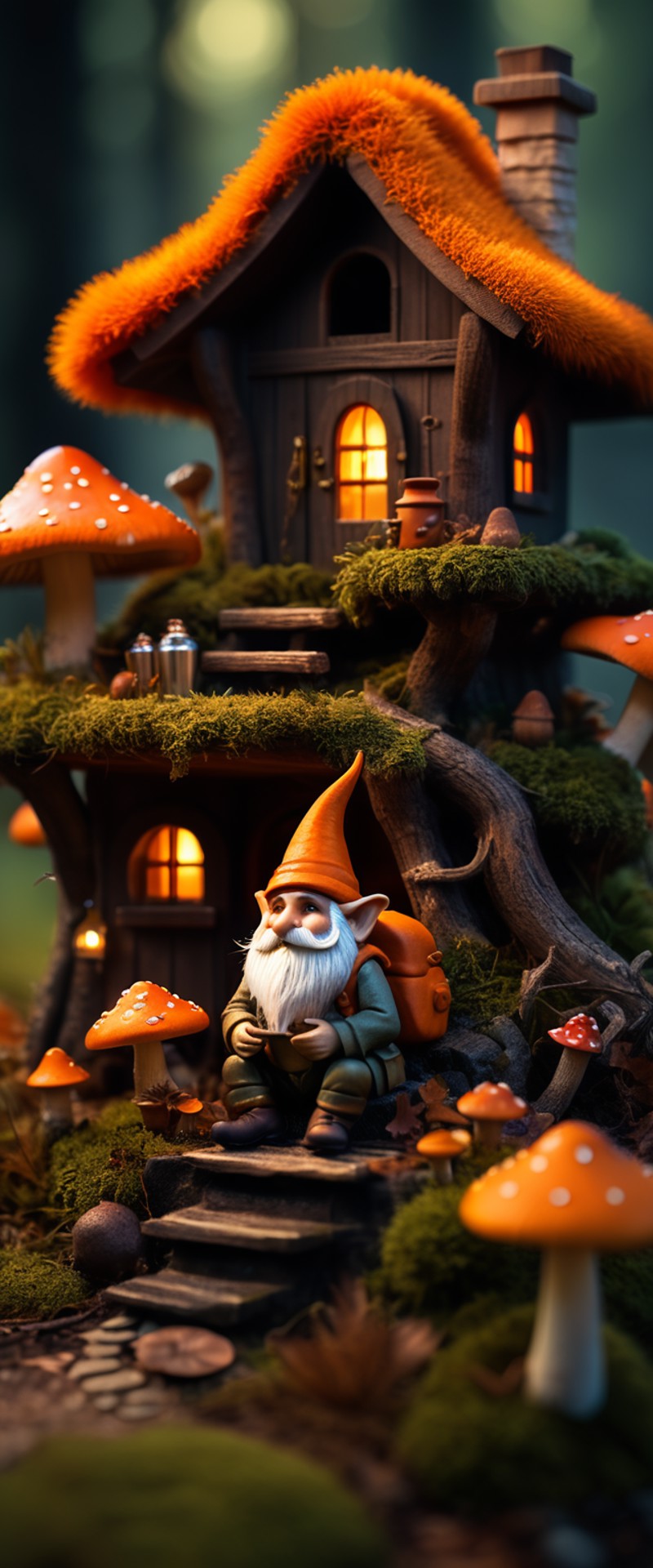 a nightly minimalistic 3D render of a isometric troll house made of amanitas and moss and old dark wood,  tiny gnome sitti...