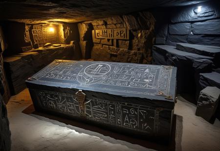 Deep inside the earth, inside a ((ardósia)) mine, "dark schist", "black slate".
Magical realism, a chamber carved into the pitch black slate, decorated with ancient "Chaldean" and "hyperborean" glyphs, iluminated with  ((Cherenkhov radiation)).
Inside the chamber a mysterious ("victorian sarcophagus", steampunk style).