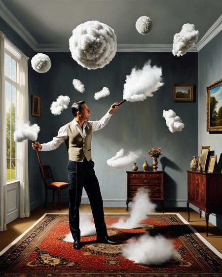 a man with a white shirt and a vest, Home & Garden > Household Supplies > Household Cleaning Supplies > Carpet Sweepers floating in the air:1.3, Alice Prin, surreal photography, a surrealist painting, art photography, promotional image, a hyperrealistic painting, hyperrealism, panfuturism , <lora:Photo_Fantasy:0.8>