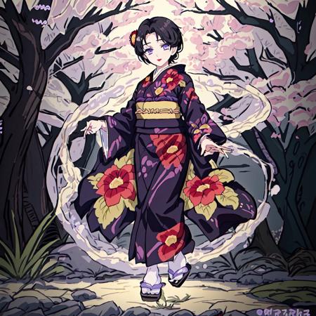 Tamayo, 1girl, solo, short hair, black hair, hair ornament, long sleeves, purple eyes, japanese clothes, wide sleeves, kimono, sash, makeup, obi, floral print, sandals, lipstick, red flower, tabi, red lips, print kimono, purple kimono, zouri