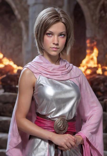 (photo:1.35) (D&D character) (monk/fire sorceress:1.27) tan (Age 21) (shortish layered hair, light brunette:1.27)  (28B-23-31 figure:1.33) makeup (silver/pink attire:1.23), athletic, (blue eyes:.9), in monastery, full portrait to knees, realistic, HDR