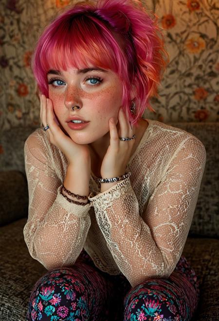 The image is a high-resolution, color photograph of a young woman with vibrant, short pink hair styled in a voluminous, tousled manner with bangs framing her face. Her skin has a light, slightly sun-kissed complexion with a scattering of freckles across her cheeks and nose. She has piercing blue eyes, a small nose ring, and full, slightly parted lips. Her expression is contemplative and slightly melancholic, with her hands supporting her face, fingers gently touching her cheeks.
She is dressed in a casual, eclectic outfit that includes a sheer, beige, long-sleeve top with intricate lace detailing, which contrasts with her vibrant hair color. She is wearing multiple bracelets on her arms, including a chunky silver cuff, and a couple of rings on her fingers. Her attire also includes patterned leggings with a mix of pink, purple, and orange hues.
The background is softly blurred but suggests an indoor setting, possibly a cozy, dimly lit room with an eclectic decor. The walls are adorned with what appears to be vintage or bohemian-style wallpaper featuring floral and abstract patterns. She is seated on a textured, patterned surface, possibly a cushioned sofa or chair, with the soft, muted lighting enhancing the intimate, moody atmosphere.