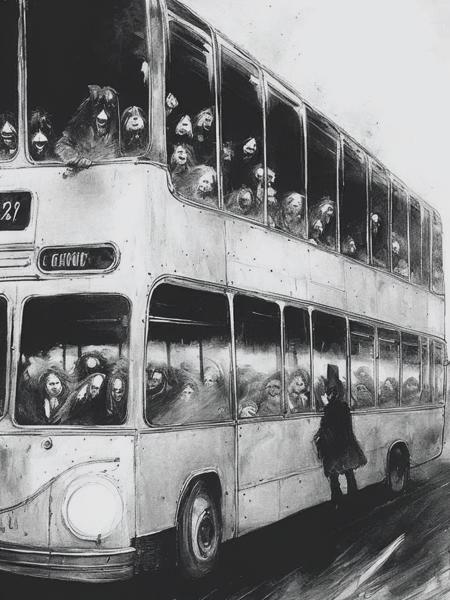 <lyco:StephenGammell:1.0> a bus full of sketchy shady strangers in the style of stephen gammell scary stories