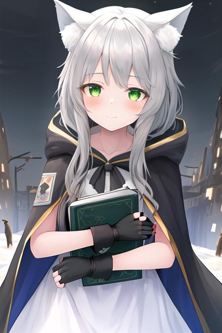 masterpiece, best quality, highres, solo, {rosmontis_arknights:1.10}, animal_ears, cat_ears, long_hair, bangs, green_eyes, cat_girl, animal_ear_fluff, grey_hair, white_hair, closed_mouth, blush, 1girl, black_gloves, gloves, hood, hood_down, jacket, fingerless_gloves, upper_body, white_dress, cloak, dress, holding, looking_at_viewer, hooded_cloak, book