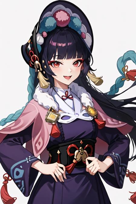 best quality, masterpiece, highres, solo, {white kimono:1.35}, {red hakama:1.35}, {wide sleeves:1.20}, {yun_jin_genshin:1.15}, bangs, blunt_bangs, long_hair, red_eyes, black_hair, bonnet, smile, capelet, vision_\(genshin_impact\), tassel, pink_capelet, purple_hair, makeup, closed_mouth