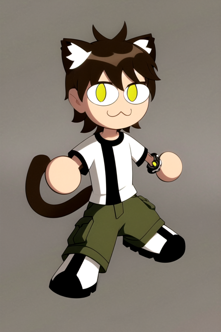 masterpiece, best quality, 1boy, bentennyson, green eyes, full body, :3, cat ears, chibi, cat girl, cat tail, solo, slit pupils, cargo pants, shirt, bracelet, simple background  <lora:Ben10:1> <lora:necoArcCharacters_necoArcv3final:1>