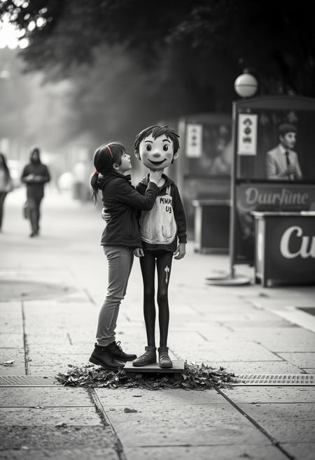Classic black and white cinematic photograph, soft focus and hazy background, depicts a heartwarming, interactive street art piece: a painted figure. Post-Impressionist and British pastoral influences create a timeless and elegant atmosphere, with muted colors and organic forms.
