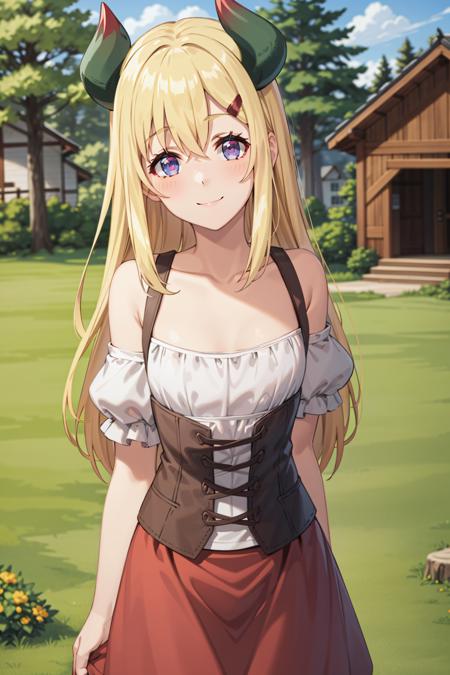 best quality, masterpiece, highly detailed,
<lora:chara_IsekaiNonbiriNouka_Lastismun_v2:0.8>, lastismun,
solo, closed mouth, light smile, light blush,
blonde hair, long hair, purple eyes, hairclip, small breasts, dragon horns,
white shirt, corset, collarbone, red skirt, bare shoulders, short sleeves,
standing, head tilt, looking at the viewer,
outdoors, tree, house, grass, wood, field