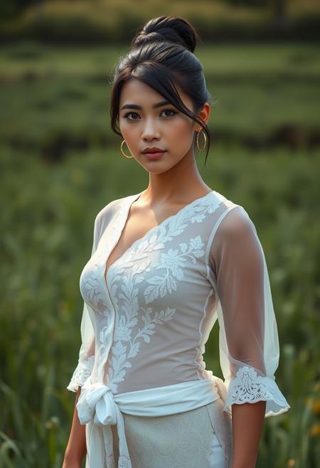 Hyper realistic, ultra realistic, highly detailed, 24 years old female, (indonesian:1.3), 1girl, beautiful, hair bun_hairstyle, black hair, oval face, serious face expression, big breasts, athletic perfect body, (full body), tan body, ((wearing white transparent kebaya blouse over batik kemben torso wrap)), stand up, 
 looking at viewer, paddy farm field background, bright lighting from front