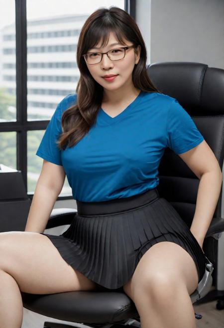 masterpiece, best quality,   RAW photo, (photorealistic:1.37, realistic), highly detailed CG unified 8K wallpapers, 8k uhd, dslr, soft lighting, high quality, film grain, Fujifilm XT3, (professional lighting:1.6),  Japanese adult woman with glasses, 40 year old, medium hair bangs, thick lips, small breasts, sagging breast, thick thighs, big waist , realistic skin texture, detailed face, close up, wearing a medical mask, blue t-shirt, black pleated skirt, sitting on office chair, spread legs, knees apart look at viewer