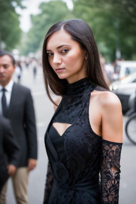 A stunning intricate full color portrait of  a woman,wearing a long high neck black dress, crowded street, spectators, happy, epic character composition,by ilya kuvshinov, alessio albi, nina masic,sharp focus, natural lighting, subsurface scattering, f2, 35mm, film grain <lora:ShrimaMalati:1>