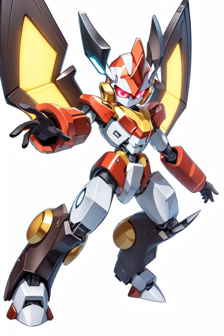 solo digital image of a humanoid robot (MedabotV2) with halo horns, no mouth and sharp angular body and wings with 2 arms, 2 hands, 2 legs, and glowing eyes, looking at viewer in full view with a random pose, symmetrical body, symmetry, white background, simple background, 