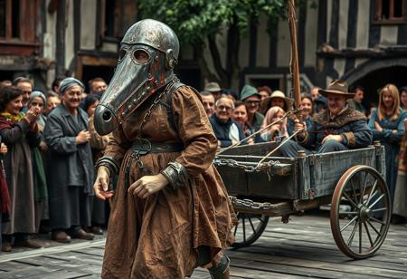 overall wide-angle full height standing view from a distance of 20 metres, in the style of A Handmaid's Tale, a women captive with a very long neck, (she has heavy polished steel manacles around both wrists that are linked together with a heavy chain, she has polished steel leg-irons around each ankle that are linked with a heavy chain:1.7), (she is wearing a polished steel casing around her torso and shoulders, the casing is chained to the wooden post:1.8) an unruly crowd is laughing at her,  on a wooden platform at a Renfaire in a mock medieval town square, she is wearing a medieval close-fitting full face rusty iron bridle in the form of a female head, there are many cut outs and ornately decorative slits and slots in the bridle, the bridle closed in over her face and mouth and eyes, it fits closely to her head and neck like a second skin fully enclosing head and face and neck, the head bridle has two projecting tubular eyeholes and the iron neck casing is very tall and there is an iron drinking tube coming from the iron panel covering her mouth and iron funnels emanate from her ears, the bridle is fastened with a padlock at the back of her head, (she is wearing a ragged medieval dress and she is harnessed to a small wooden cart which she is pulling like a human pony:2.0),  (a pretentious lord is sitting in the cart and is wielding a whip at her:2.0)