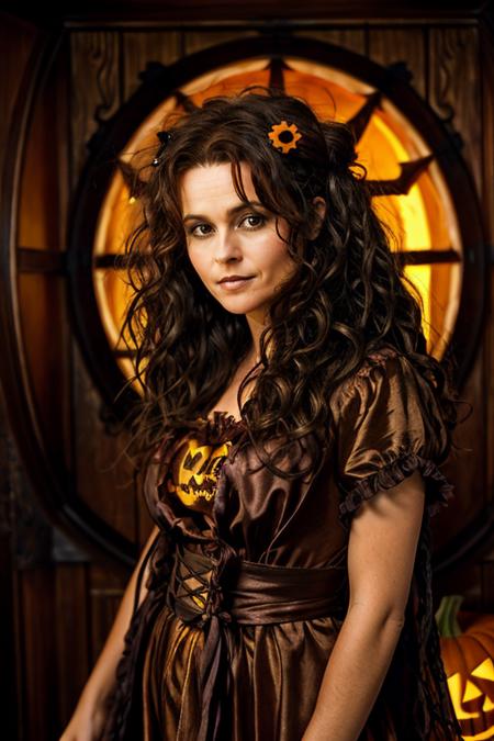 <lora:Helena_Bonham_Carter:1> 1woman, solo, mature hb1873c, , brown_hair, wavy hair, messy hair, jack-o-lantern costume ,  shrine , evening