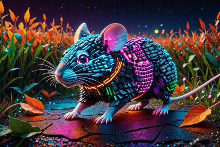 sexy a little mouse made out of RGB Keyboards, with small ears, whiskers, solo, with pulsing rainbow RGB lights, vibrant and dynamic, radiating an electric glow with RGB lights, intense and vibrant, a neon autumn field with glowing orange leaves, RGB breeze, and a vibrant sunset, detailed background, jumping in a neon puddle, splashing glowing water, curious, head tilted, dynamic angle, wide shot, a neon starry gathering with animals watching, RGB stars twinkling, and a glowing night, a neon petal, glowing softly, nearby, on neon-lit ground, glowing with RGB reflections, pulsing RGB clouds with RGB lights, vibrant and dynamic, twilight, soft purple hues, stars emerging, cool air, best quality, vibrant colors, realistic style, high detail, high-definition, hyper-realistic, extremely high-resolution details, fine texture, incredibly lifelike, realistic, not cartoon, not drawing, highres, 4K resolution, source photo, realistic photo, masterpiece, best quality, amazing quality, very aesthetic, ultra-detailed, detailed textures, natural lighting, soft light, digital rainbow colors, full spectrum glow, electric spark, sharp and vibrant, medium shot, <lora:RGB_Keyboard_themed-000008:1>