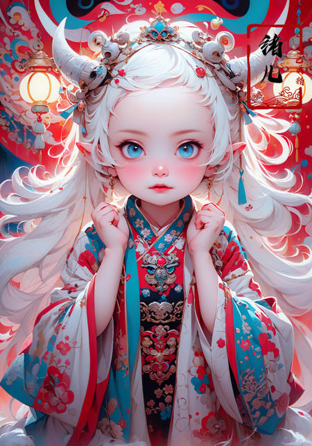 32K, Surreal, best quality, masterpiece, highres, original, extremely detailed wallpaper,
perfect lighting, UHD, white hair,Zhang Jingna,in the style of aggressive digital illustration, bold and colorful portraits, lit kid, Picasso,Hikari Shimoda(full body:1.2), (East Asian architecture:1.3)
(Blue road robe1.3)
<lora:~Q?-YG^{Zwith horns:0.8>