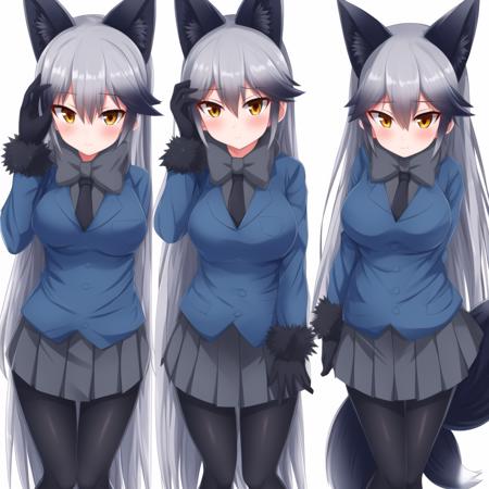 gingitsu, 1girl, solo, animal ears, fox ears, long hair, fox tail, silver hair, black pleated skirt, black gloves, black fur trim, black bowtie, pantyhose, black legwear, long sleeves, black necktie, black undershirt, hair between eyes, very long hair, fur-trimmed sleeves, fox girl, bangs, orange eyes, blue blazer, sidelocks, black loafers, black ears, black tail, white tipped tail, detailed shading, detailed ambient light