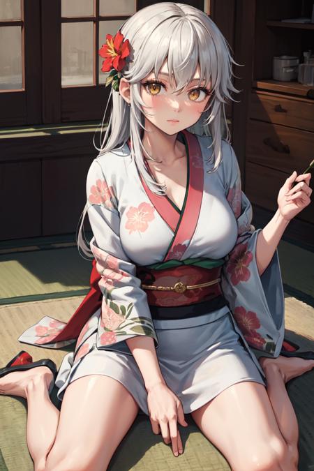 masterpiece, best quality, absurdres, ZentreyaCyborg, yellow eyes, long hair, indoors, kimono, hair flower, floral print, wariza, sitting, hands on own knees, <lora:ZentreyaCyborg:1>