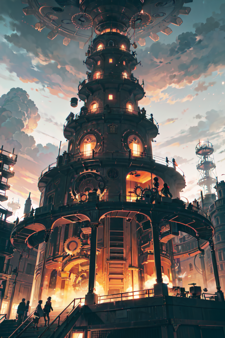 (red lit:1.5),soft focus,  (Steampunk landscape featuring industrial airships soaring through cloudy skies, colossal gears...