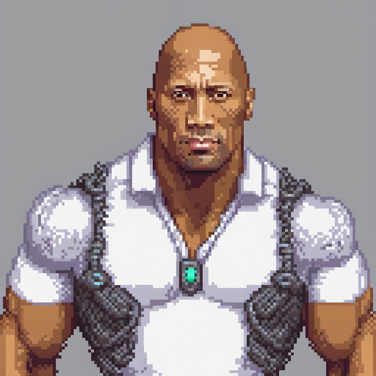 A computer generated image of a man with a bald head wearing a white shirt and black straps.