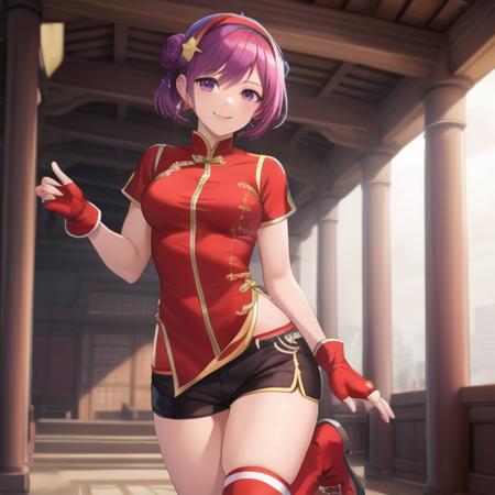 (masterpiece, best quality:1.2),illustration,8k,hd,1girl,solo,fingerless gloves,short hair,purple hair,purple eyes,smile,hairband,breasts,dress,medium breasts,star hair ornament,chinese clothes,short sleeves,hair ornament,china dress,hair bun,red gloves,red hairband,short shorts,boots,<lora:Asamiya Athena-00:0.6>,