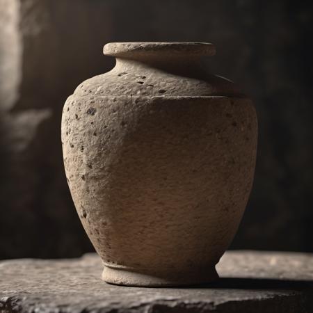 product photo cinematic photo empty ancient vase, pbr texture sandstone old stone, scratched, eroded, on table,  simple plain background  <lora:Sandstoneold-SDXL:1> . 35mm photograph, film, bokeh, professional, 4k, highly detailed closeup, with photo lens cracked and greasy, realistic concept