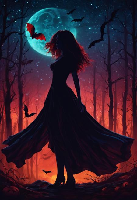 masterpiece, high quality, abstract, 1girl, vampire lady, elegant vampire clothes, centered, side view, black silhouette of a girl, (long flowy hair), flowy skirt, red bloody forest background, ((dynamic pose)), night time, dark theme, starry sky, glowing hair, cinematic, vivid colors, ((saturated neon colors)), perfect hands, anzhcdreamwave, aesthetic, Perfect Hands, aurora borealis, ((glowing halloween pumpkins)), ((bats))