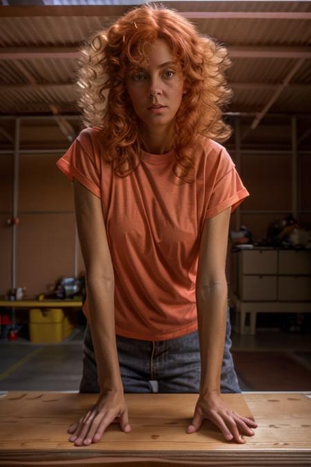 light coral tshirt, garage, leaning on a workbench<lora:Susan_Sarandon:1> masterpiece, best quality, detailed face, solo, 1girl, mature s1873s, red hair, witch
