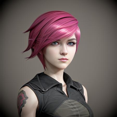 <lora:ArcaneVi-000021:1> arcanevi, a woman with medium short pink hair wearing a black dress, female face, unreal engine character art, portrait