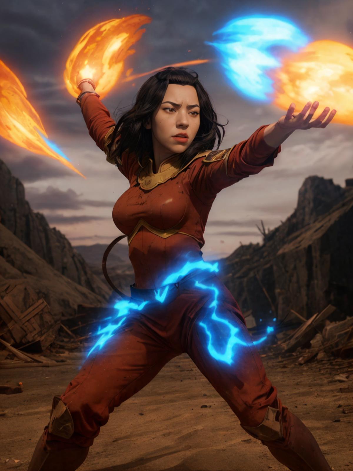 A fantasy art of a woman in a red and gold costume holding lightning bolts.