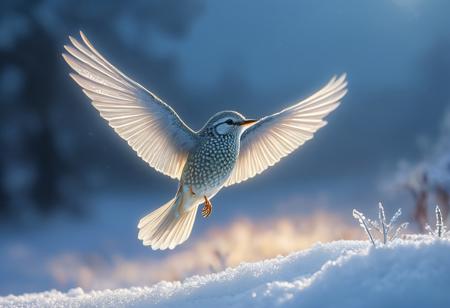 masterpiece, ultra-detailed, amazing quality, best quality, 8K, photorealistic,
An enchanting scene featuring a delicate bird with wings composed partially of intricate snowflakes. The bird flies gracefully above a snow-covered garden, its snowflake wings shimmering as they catch the ambient light and reflect iridescently. Soft sunlight filters through a cloudy sky, casting a gentle glow on the bird and the frosted but warm landscape below., fantasy, story, detailed, delicate