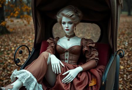 fashion photography,nsfw, (19th century:1.2), full body photography of a sophisticated young woman, (made of porcelain:1.2), porcelain skin, vintage doll, (deneuve|grace|monica), in a carriage, (revealing rich clothes:1.2), 1900's clothes, corset, (open legs:1.1), brown leaves, (autumn colors:1.1), huge boobs, subsurface scattering, (chiaroscuro:1.1), sharp focus <lora:deneuve-rv-1:0.2> <lora:grace:0.2> <lora:monica:0.2>