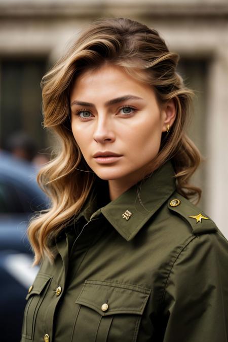 upper-body photo of <lora:sd15_lora_AnnaVonKlinski_96_v1:.9> AnnaVonKlinski with dirty blonde highlights, focus on face, wearing a military uniform , her hair is styled as Curly Lob,