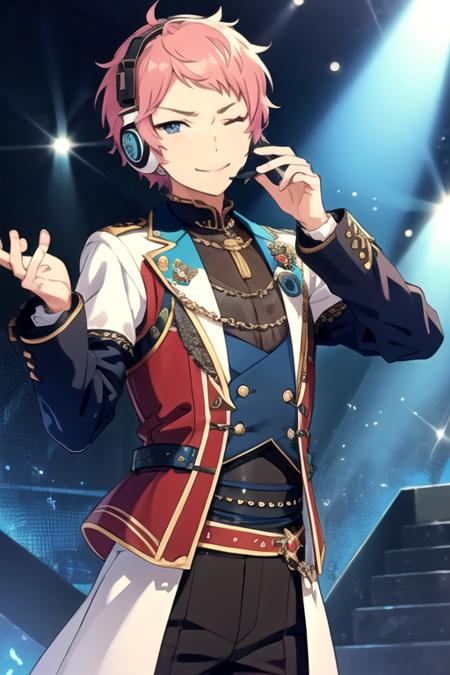 <lora:ShuItsuki-07:0.8>,shu_es, solo, looking at viewer, smile, blue eyes,  1boy, pink hair, male focus, one eye closed,  headset, ;), idol