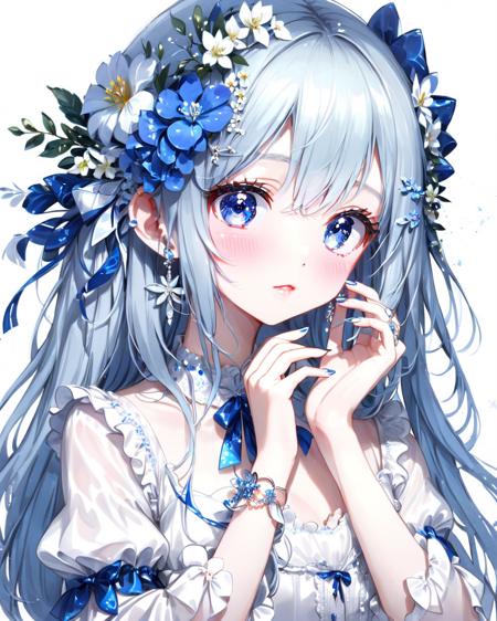 1girl, solo, blue eyes, hair ornament, looking at viewer, frills, flower, long hair, bangs, white flower, upper body, hand on own face, hairclip, ring, white hair, hair between eyes, short sleeves, bow, wrist cuffs, blush, dress, white background, hand up, parted lips, hair flower, ribbon, blue nails, hand on own cheek, puffy sleeves, nail polish, jewelry, white theme, simple background, white dress