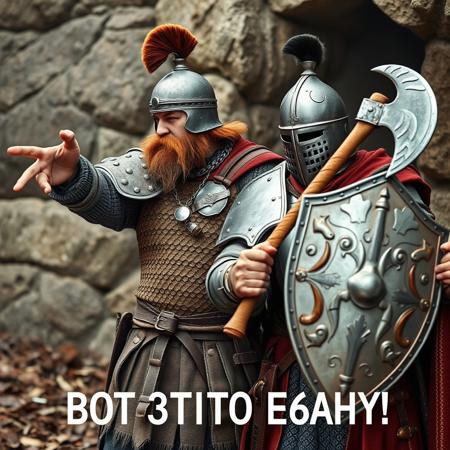 The photo shows a medieval brutal man with a beard, wearing a helmet and chain mail, pointing to the side, holding a spear and shield in his hands, showing his comrade in plate armor with an axe
The text  "BOT 3TOTO E6AHY!"
Medieval style, random background