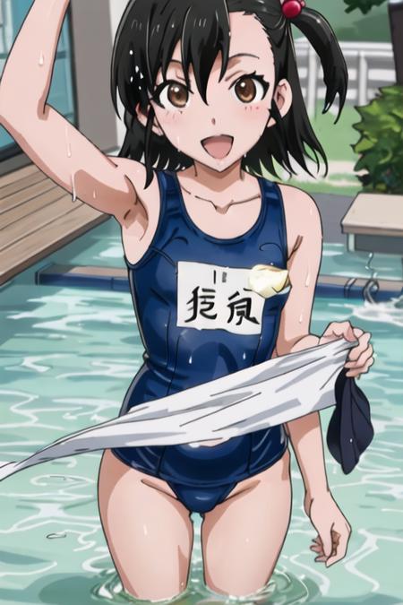 best quality, masterpiece, highres, solo, {ashisu_sahono_mangakasantoassistantsanto:1.15}, black_hair, short_hair, brown_eyes, open_mouth, hair_bobbles, hair_ornament, side_ponytail, smile, 1boy, 1girl, one-piece_swimsuit, swimsuit, blush, school_swimsuit, wet