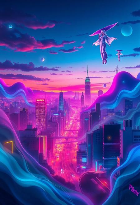 The town features a futuristic cityscape with glowing neon lights, abstract flowing shapes merging into the skyline, soft gradients blending between dusk and dawn, and ethereal figures floating in the air, all rendered in a fluid, dreamlike style, emphasizing vibrant colors, motion, and high contrast. The entire composition is vivid and dreamy, evoking a sense of wonder.
